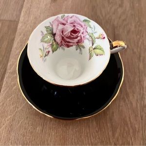 1934-50 Aynsley Tea Cup and Saucer Black With Pink Cabbage Roses -‎ Vintage Rare